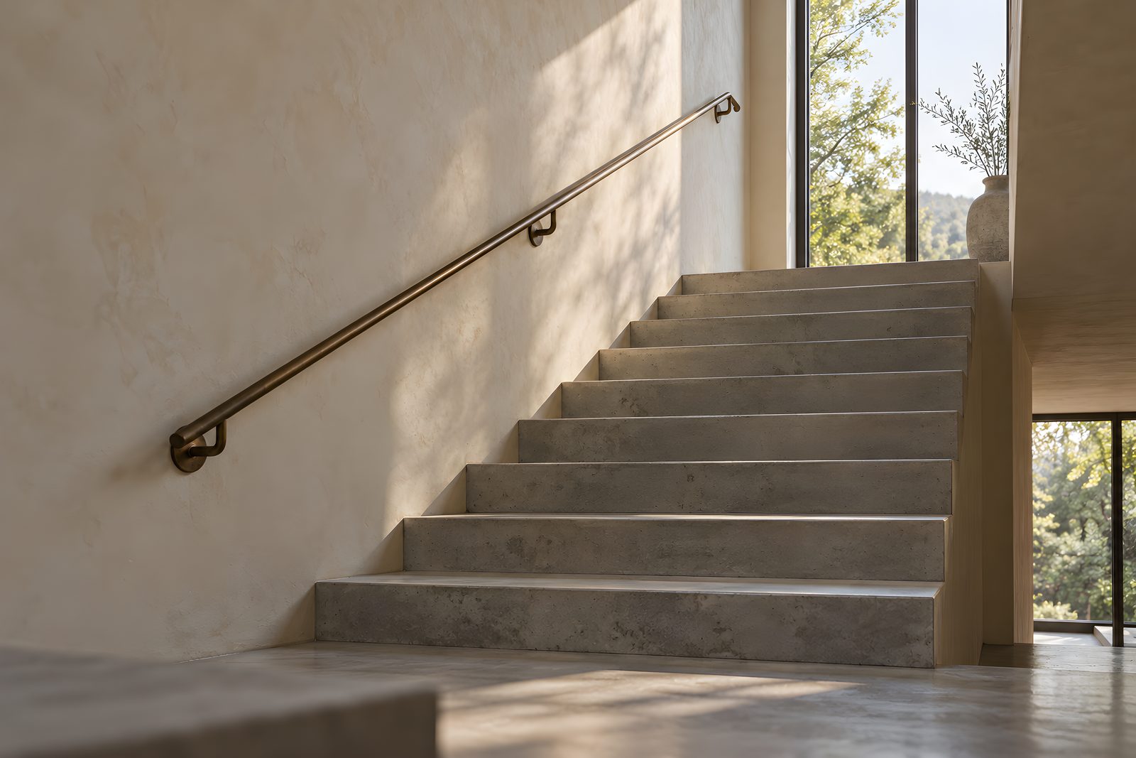 Betontreppe an einer hellen Putzwand mit schlankem Handlauf aus patinierter Bronze auf runden Wandhaltern