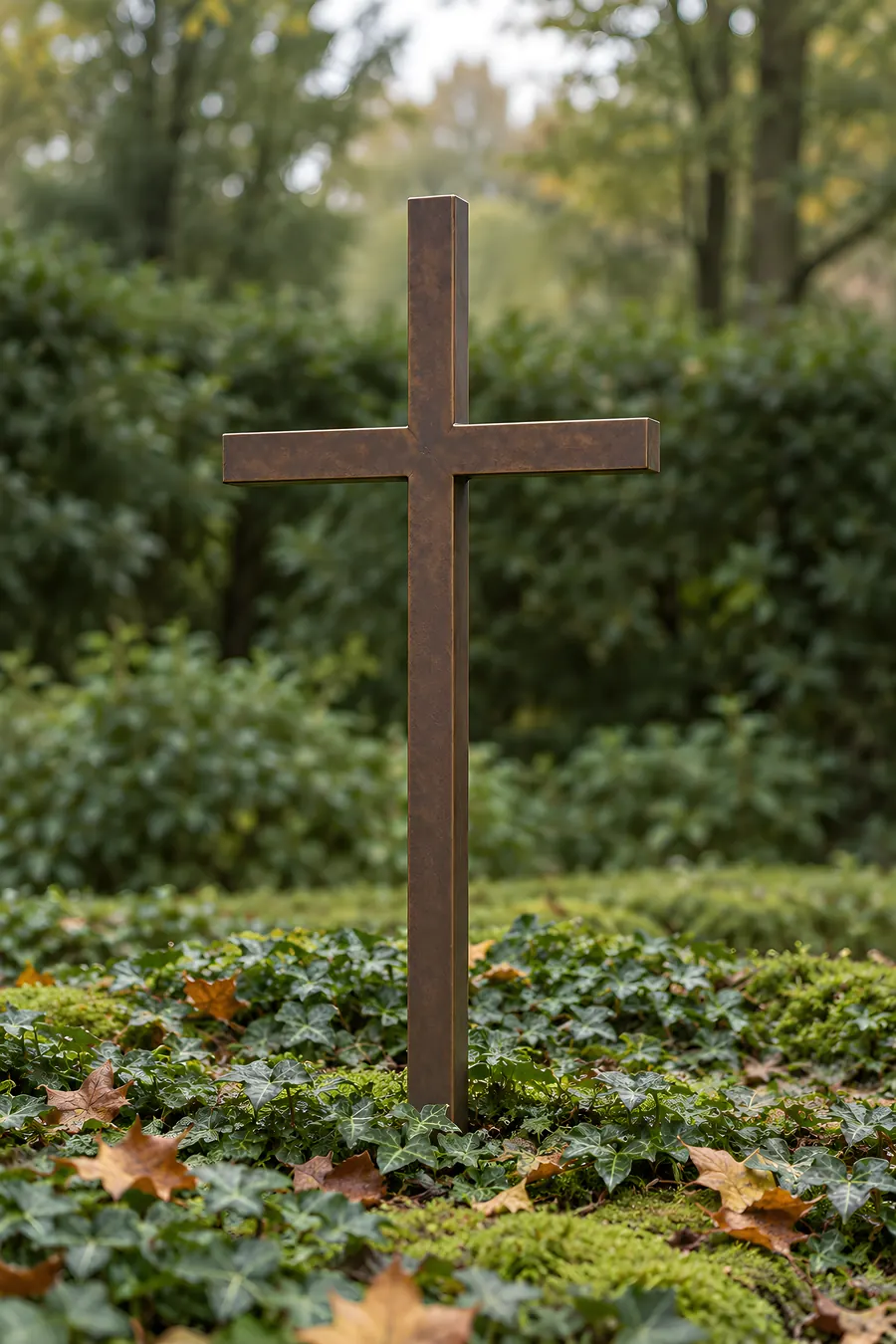 Schlichtes Grabkreuz aus Vierkant-Bronze mit dunkler Patina in einem Beet aus Efeu und Moos
